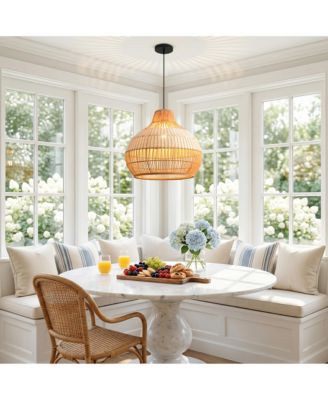 Parrot Uncle 17" Boho Woven Rattan Adjustable Round Chandelier Pendant Light for Dining Room