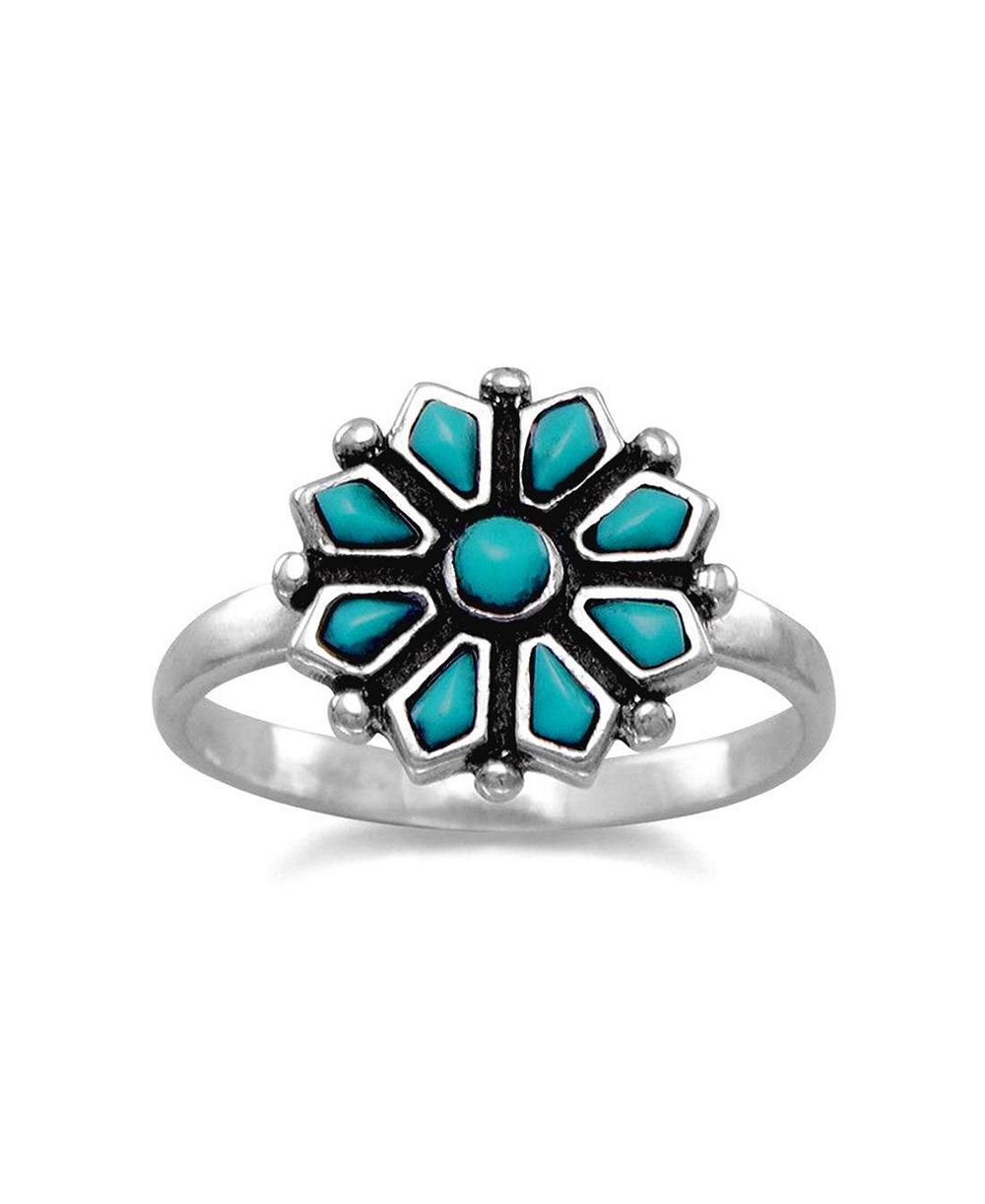 Curata Jewelry Flower Simulated Turquoise Ring in Sterling Silver