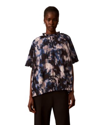Calvin Klein Women's Short-Sleeve Ruffle-Neck Pleated Blouse