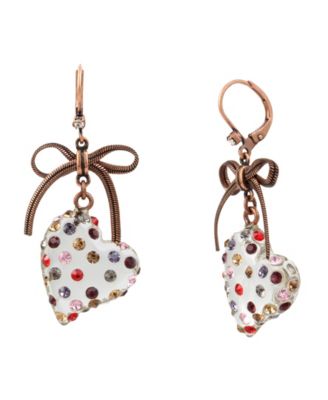 Betsey Johnson Glass Crystal Bronze-Tone Heart Drop Earrings