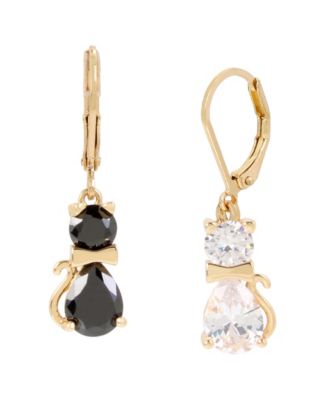 Betsey Johnson Black & White Cubic Zirconia Cat Drop Earrings