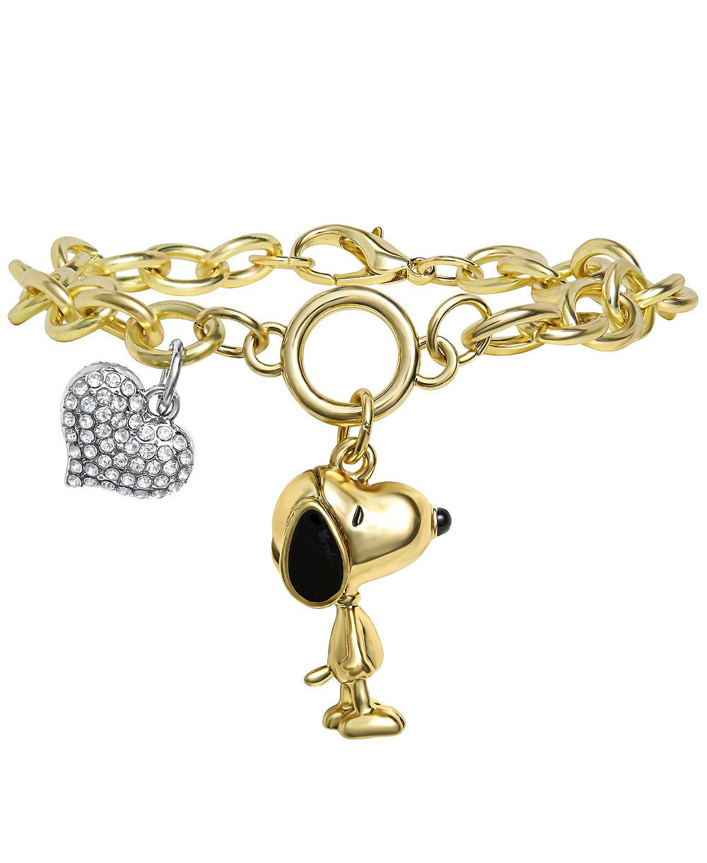 Peanuts Gold-Tone Clear Crystal Snoopy Charm Bracelet