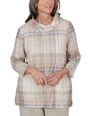 Alfred Dunner Petite Plaid Cowl Neck 3/4-Sleeve Tunic Top