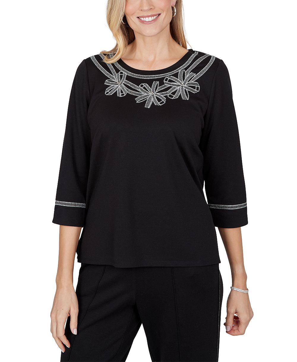 Alfred Dunner Petite 3/4-Sleeve Crew Neck Side-Slit Top