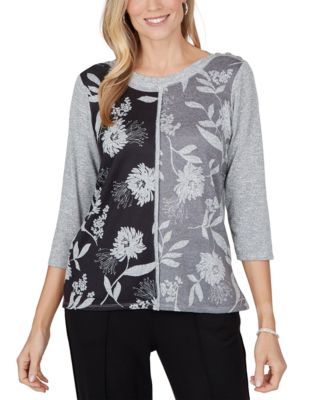 Alfred Dunner Petite Floral-Print Boat Neck Side Slit Blouse