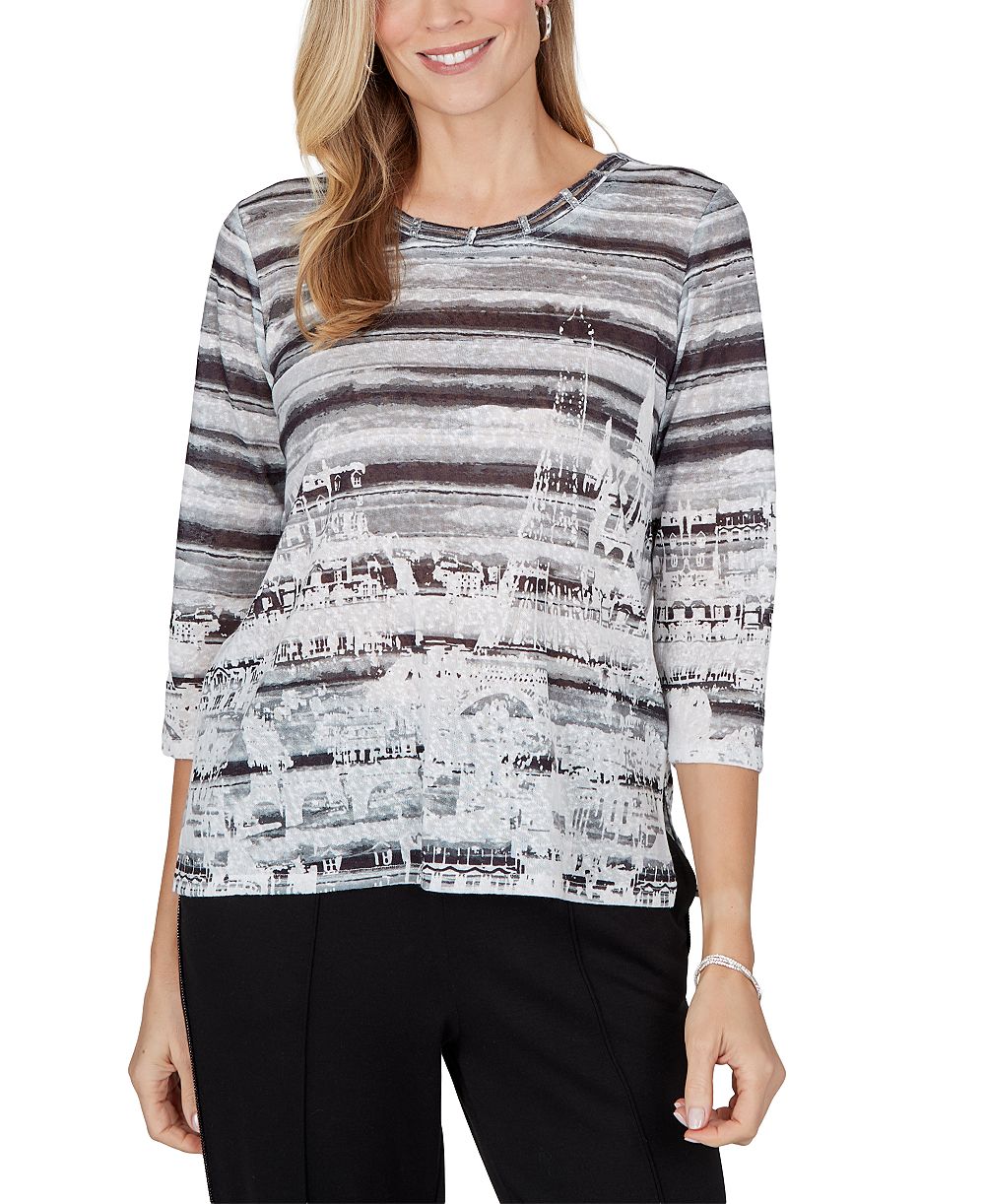 Alfred Dunner Petite 3/4-Sleeve Crewneck Side-Slit Blouse