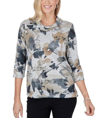 Alfred Dunner Petite Cowl Neck 3/4-Sleeve Print Blouse