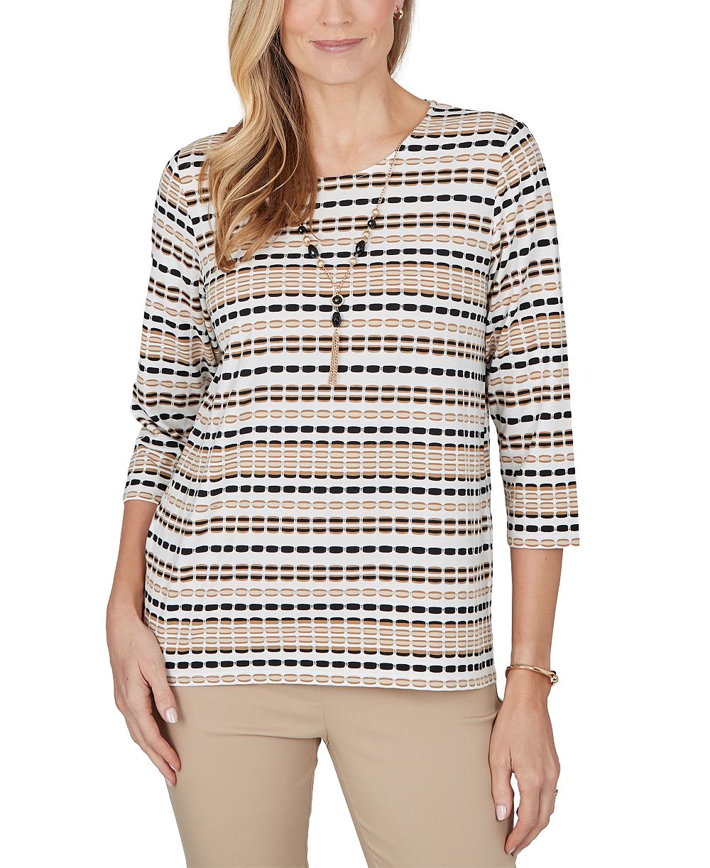 Alfred Dunner Petite 3/4-Sleeve Crewneck Stripe Blouse