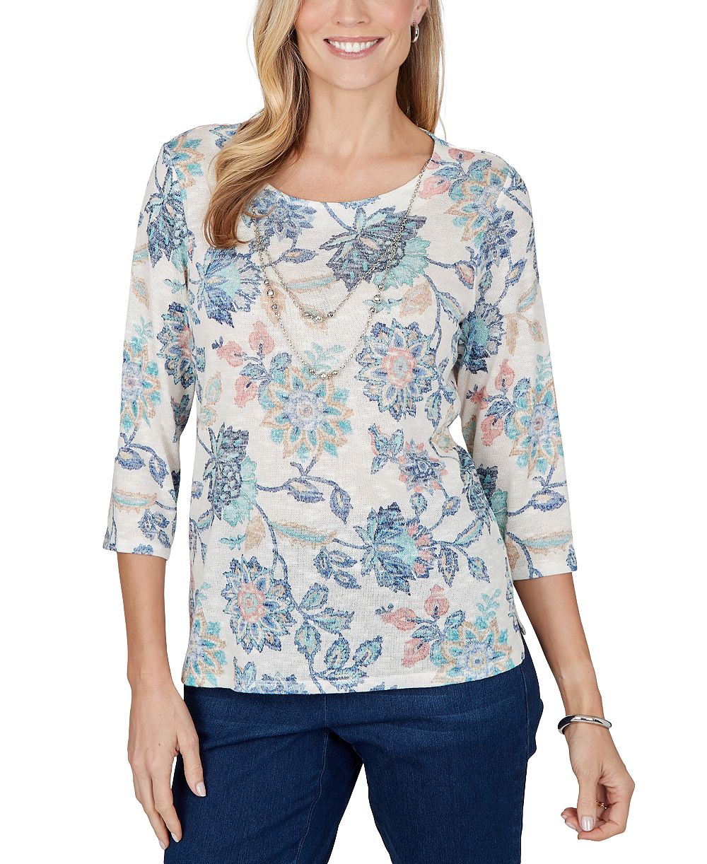 Alfred Dunner Petite Floral-Print 3/4-Sleeve Side-Slit Blouse