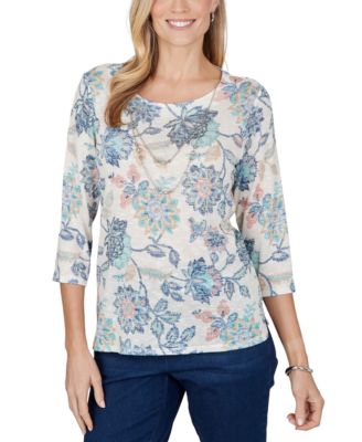 Alfred Dunner Petite Floral-Print 3/4-Sleeve Side-Slit Blouse