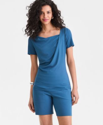 I.N.C. International Concepts Women's Short Sleeve Asymmetric-Neck Top, Exclusively at Macy's