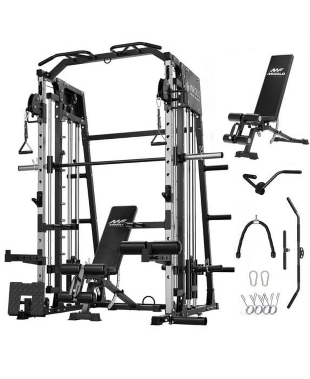 Mikolo силовая рама Smith Machine для домашнего тренажерного зала, 2200 фунтов, клетка с весовой скамьей 1200 фунтов и системой кроссовера, гриф, земной маяк 360°