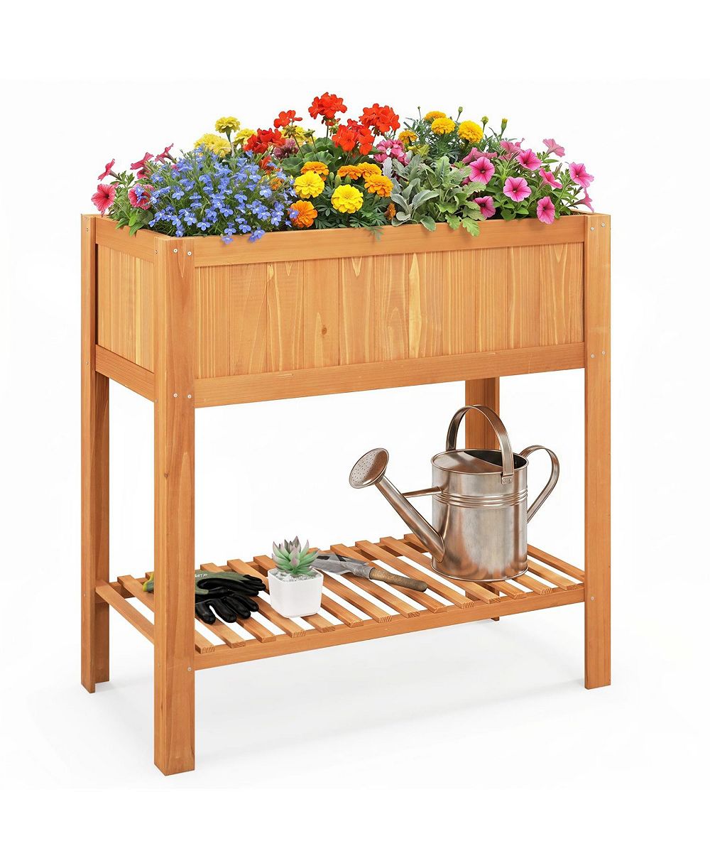 GOUUN Outdoor Raised Garden Bed Fir Wood Elevated Planter Box with Storage Shelf and Liner for Vegetables Flowers Herbs