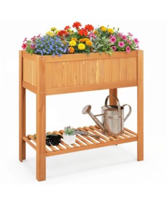 GOUUN Outdoor Raised Garden Bed Fir Wood Elevated Planter Box with Storage Shelf and Liner for Vegetables Flowers Herbs