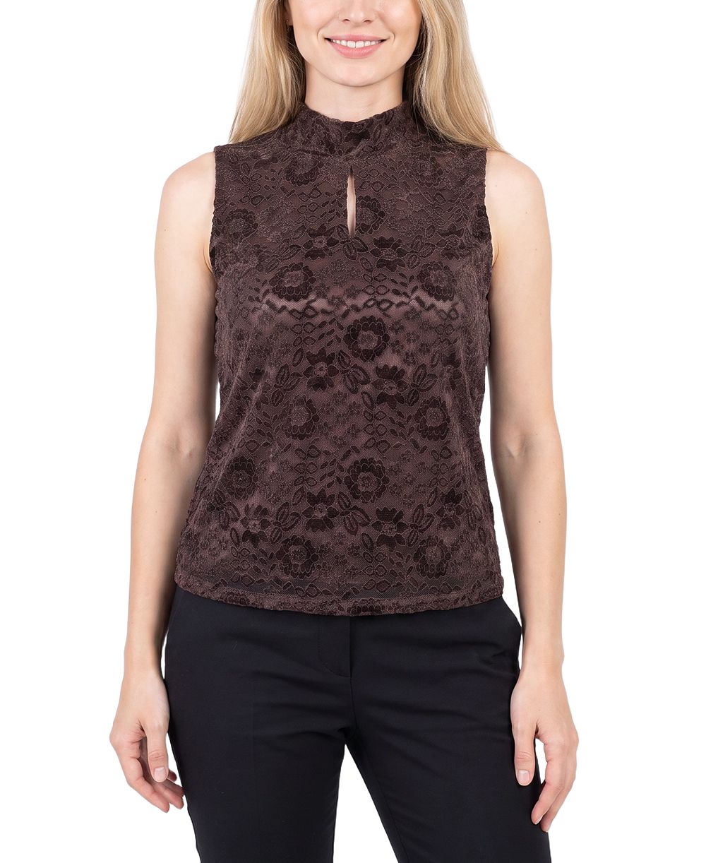 NY Collection Petite Floral-Lace Mock-Neck Tank Top