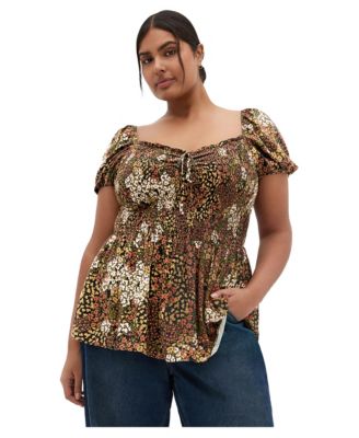 CITY CHIC Plus Size Azure Floral-Print Tie-Up Shirred Blouse