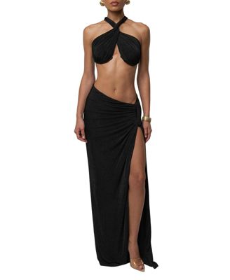 JLUXLABEL Women's City After Dark Open-Back Thigh-High Slit Halter Top and Maxi Skirt, 2-Piece Set