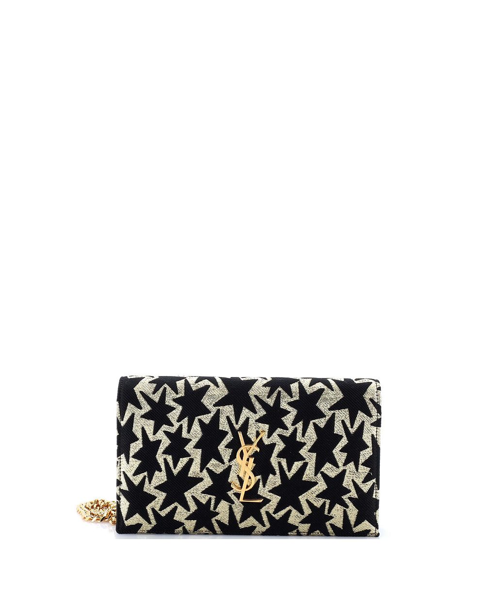 Pre-Owned Saint Laurent Classic Monogram Wallet on Chain Woven Fabric