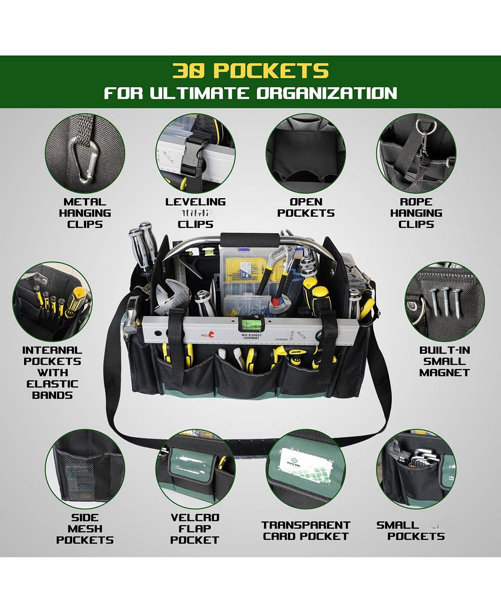 XDOVET 18IN Open Top Tool Bag 30 Pockets 1680D Waterproof Foldable Electrician Tool Organizer
