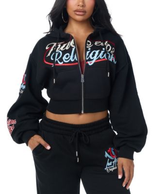True Religion Women's Graphic Print Cropped Zip-Up Hoodie