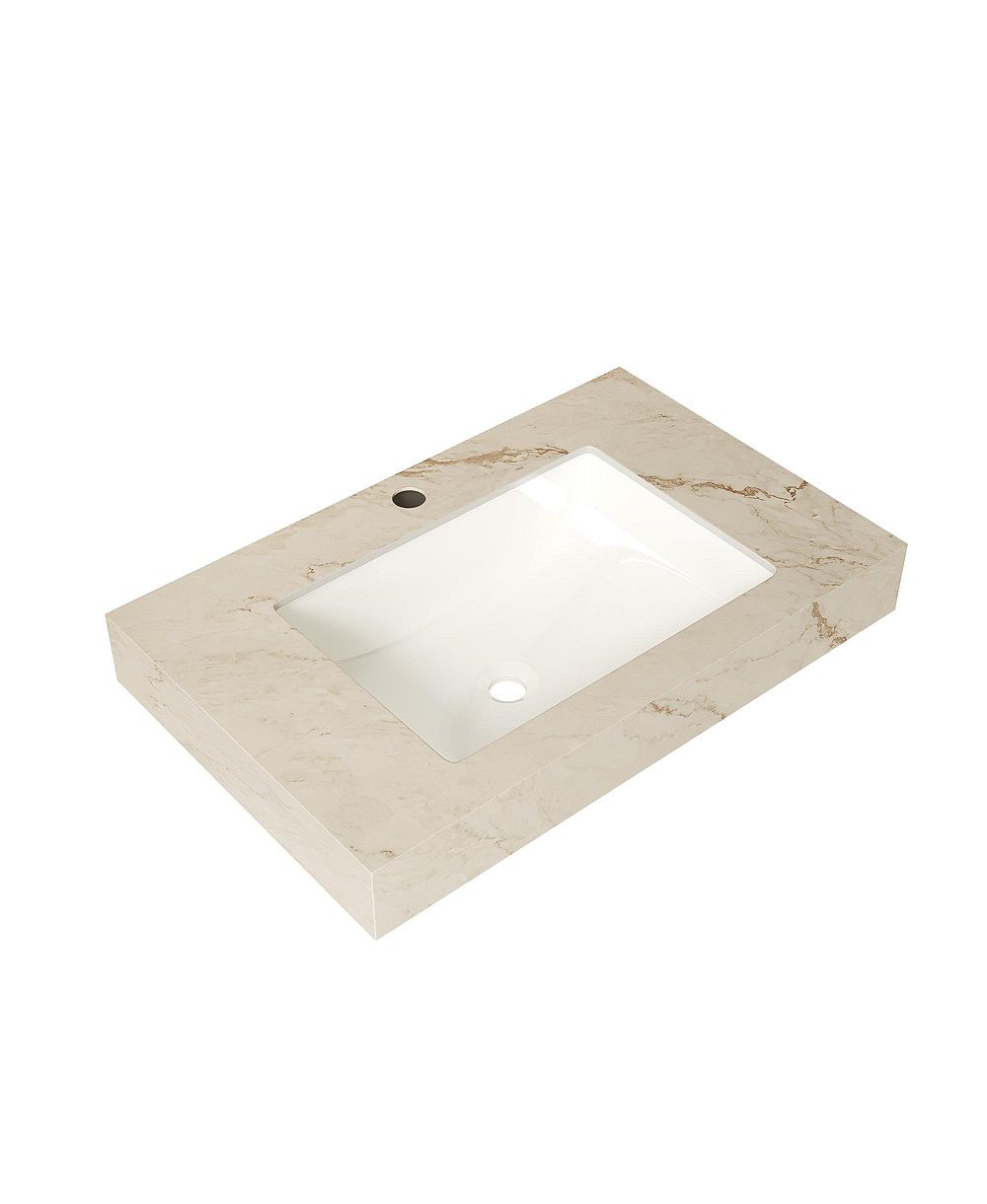 BUSDAYS 30 Inch Cream Gold Vein Sintered Stone Vanity Top with Undermount Ceramic Basin 1 Pre Drilled Faucet Hole No Cabinet No Faucet No Sink Cover
