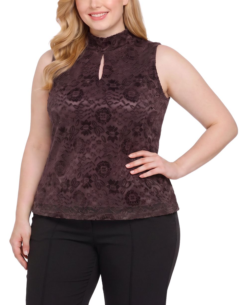 NY Collection Plus Size Floral-Print Lace Keyhole Tank