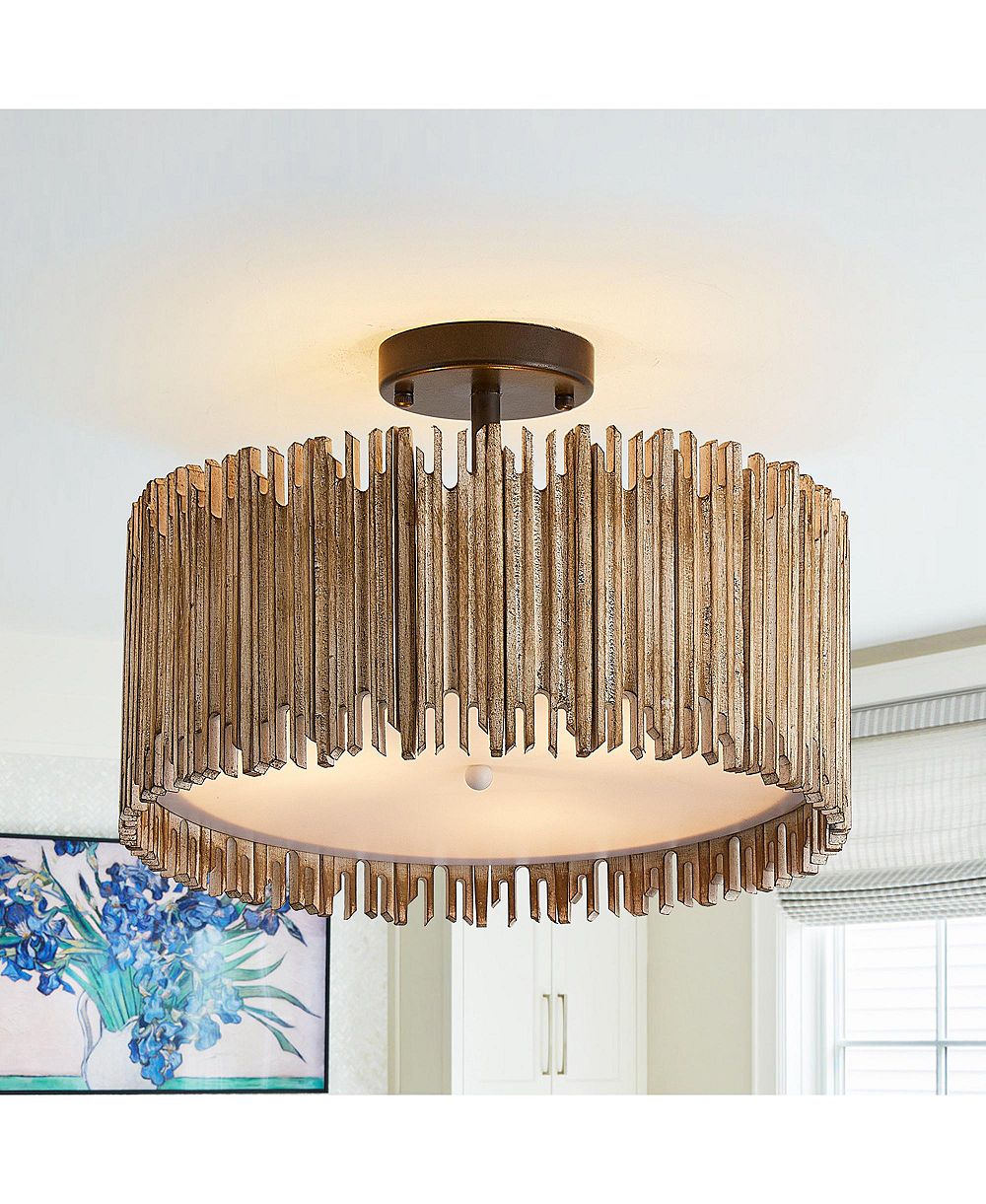 Parrot Uncle 15.5" Farmhouse Distressed 3-Light Wood Drum Semi-Flush Mount Ceiling Light