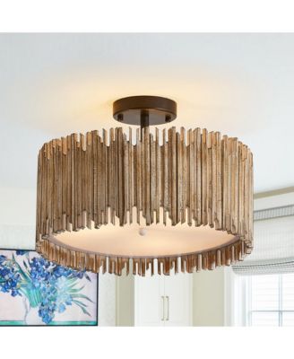 Parrot Uncle 15.5" Farmhouse Distressed 3-Light Wood Drum Semi-Flush Mount Ceiling Light