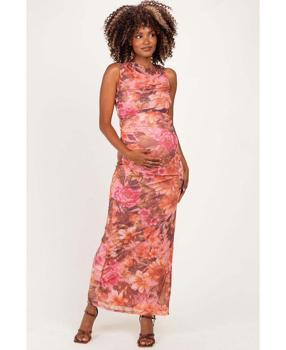 Pinkblush Women's Pink Floral Mesh Ruched Maxi Dress