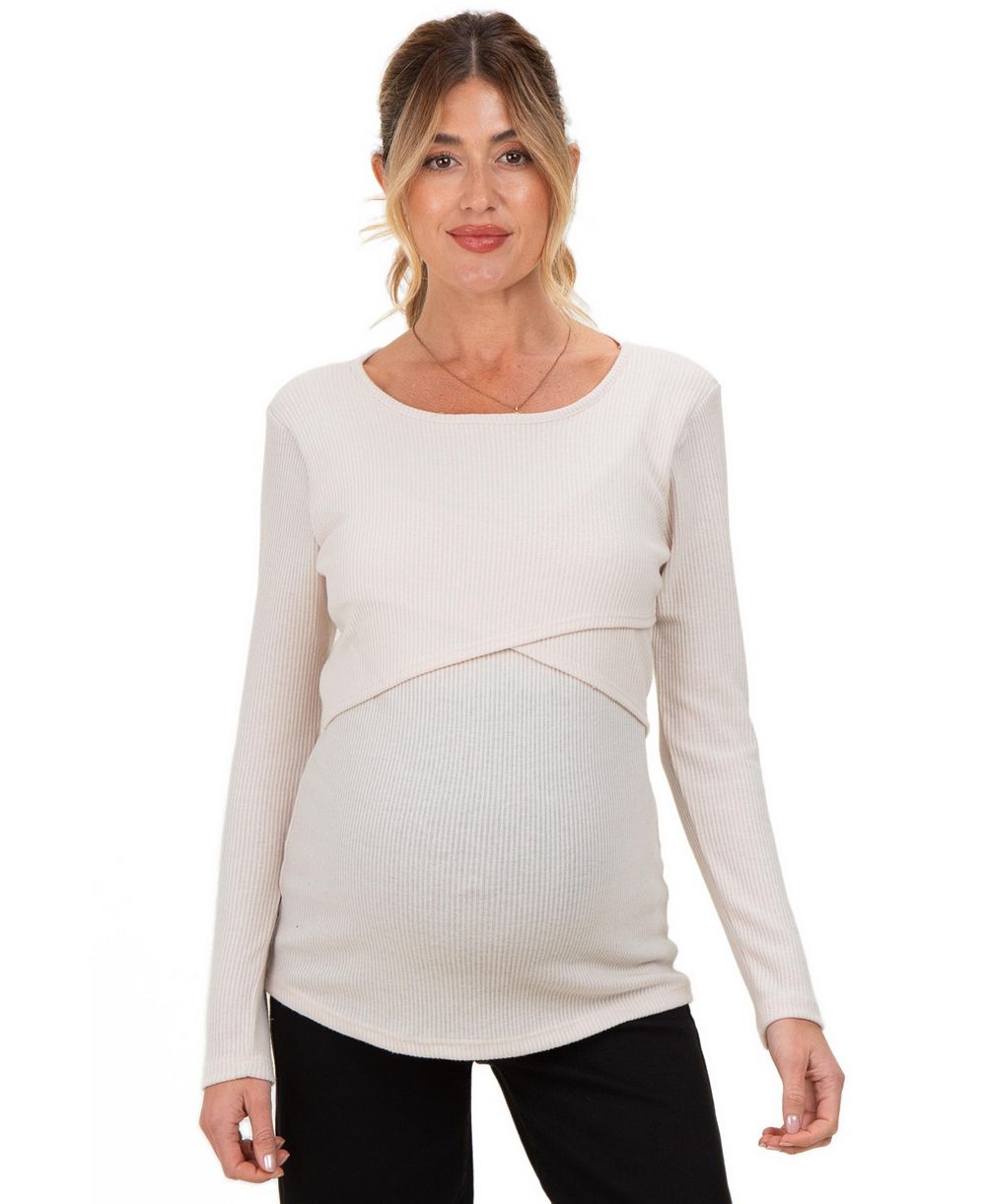 Pinkblush Women's Cream Ribbed Crossover Maternity/Nursing Top