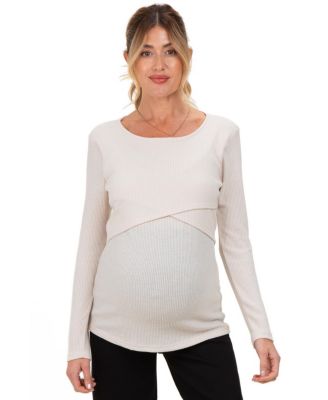 Pinkblush Women's Cream Ribbed Crossover Maternity/Nursing Top