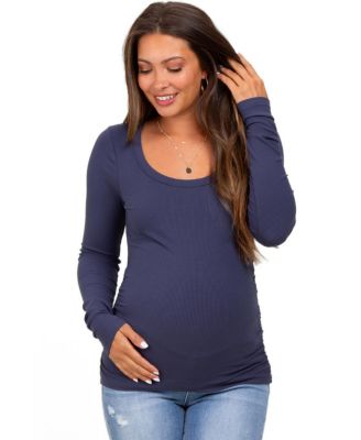 Pinkblush Women's Navy Ribbed Ruched Long Sleeve Top