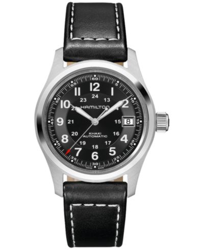Мужские швейцарские автоматические часы Hamilton Khaki Field с черным кожаным ремешком 38mm