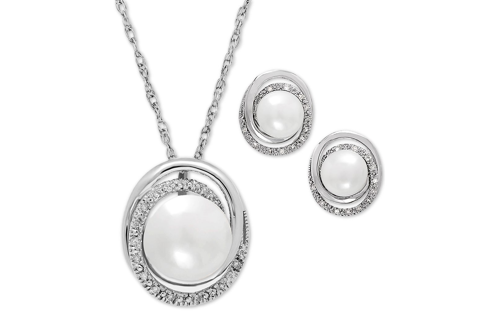 Cultured Freshwater Pearl (7 & 8mm) and Diamond Accent Pendant Necklace and Earrings Set in Sterling Silver