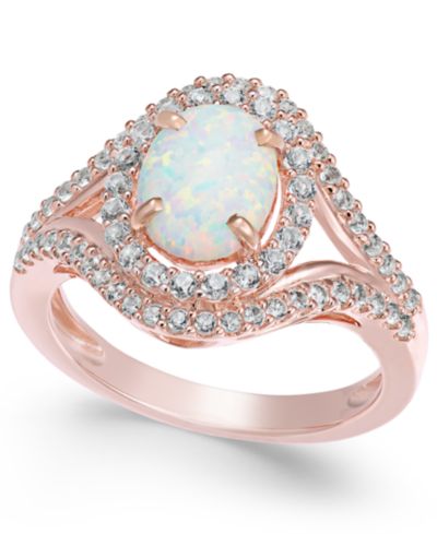 Кольцо с выращенным опалом и белым сапфиром в серебре с напылением 14k Rose Gold