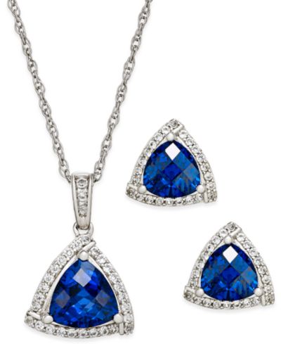Набор из кулона и сережек-гвоздиков Macy's Blue Sapphire и White Sapphire в стерлинговом серебре, 3 ct. t.w. и 1/3 ct. t.w.