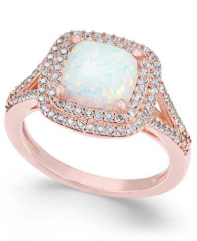 Кольцо с выращенным опалом (1-3/8 ct. t.w.) и белым сапфиром (1/2 ct. t.w.) в серебре с напылением Rose Gold 14k