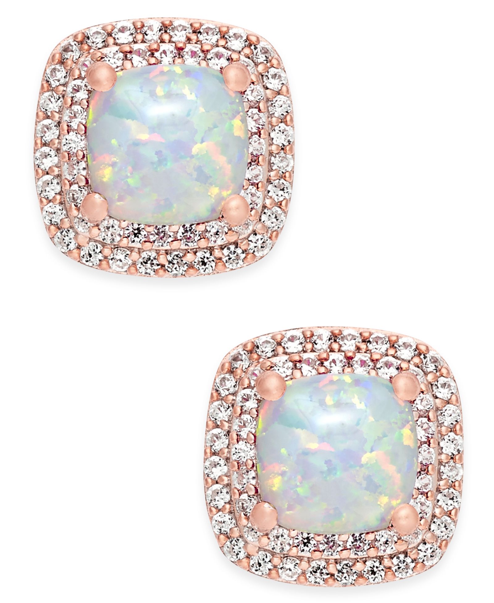 Серьги-гвоздики Square из выращенного опала (3/4 ct. t.w.) и белого сапфира (1/3 ct. t.w.) в родированном серебре 14k Rose Gold-Plated