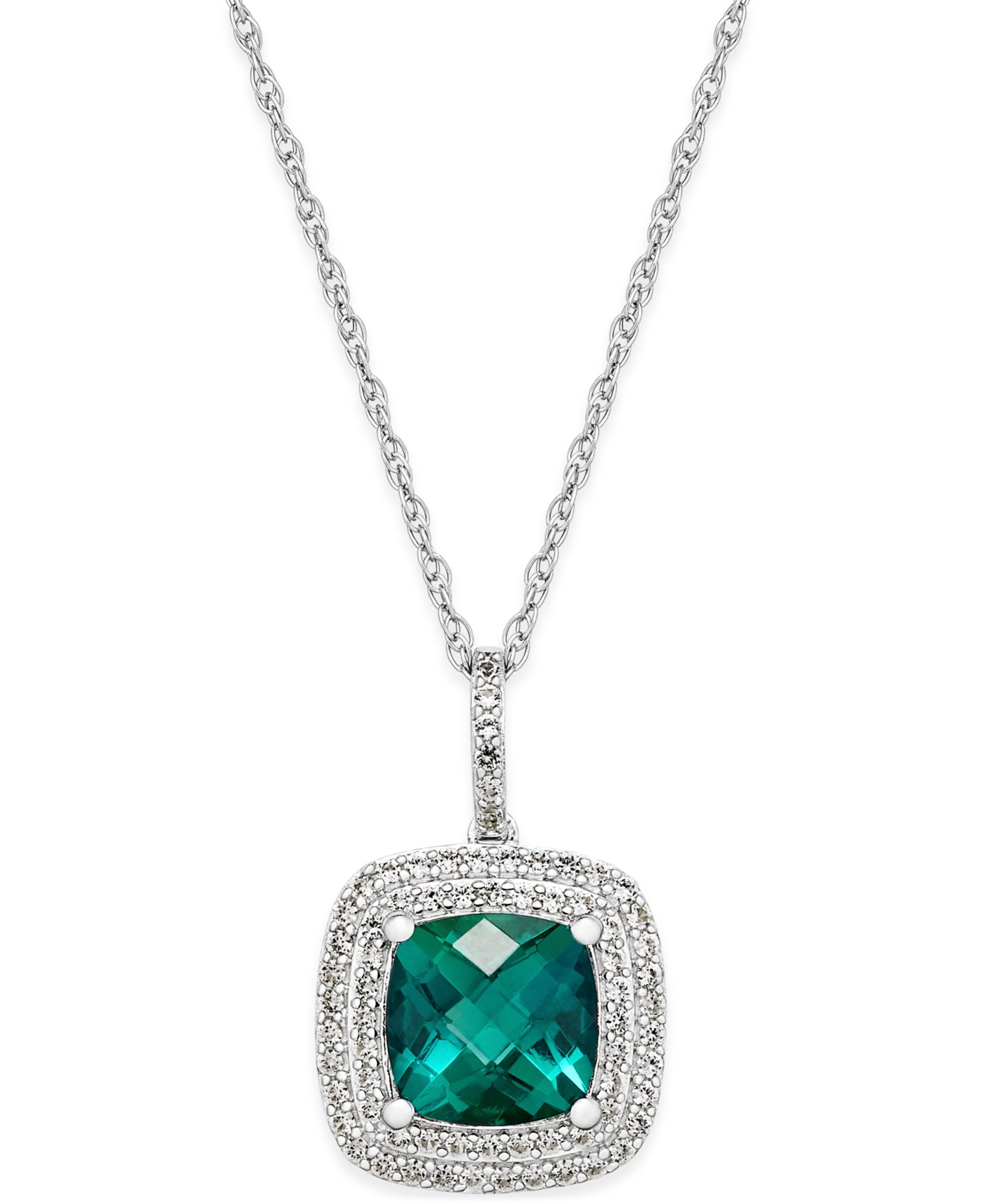 Подвесное ожерелье с выращенным изумрудом (1-1/2 ct. t.w.) и белым сапфиром (1/3 ct. t.w.) в серебряной оправе