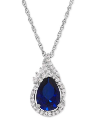 Macy's Ожерелье-подвеска Teardrop из Sterling Silver с выращенным сапфиром (2-3/8 ct. t.w.) и белым сапфиром (1/4 ct. t.w.)