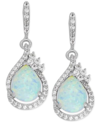 Серьги-подвески с выращенным опалом (1-1/2 ct. t.w.) и белым сапфиром (1/2 ct. t.w.) из стерлингового серебра