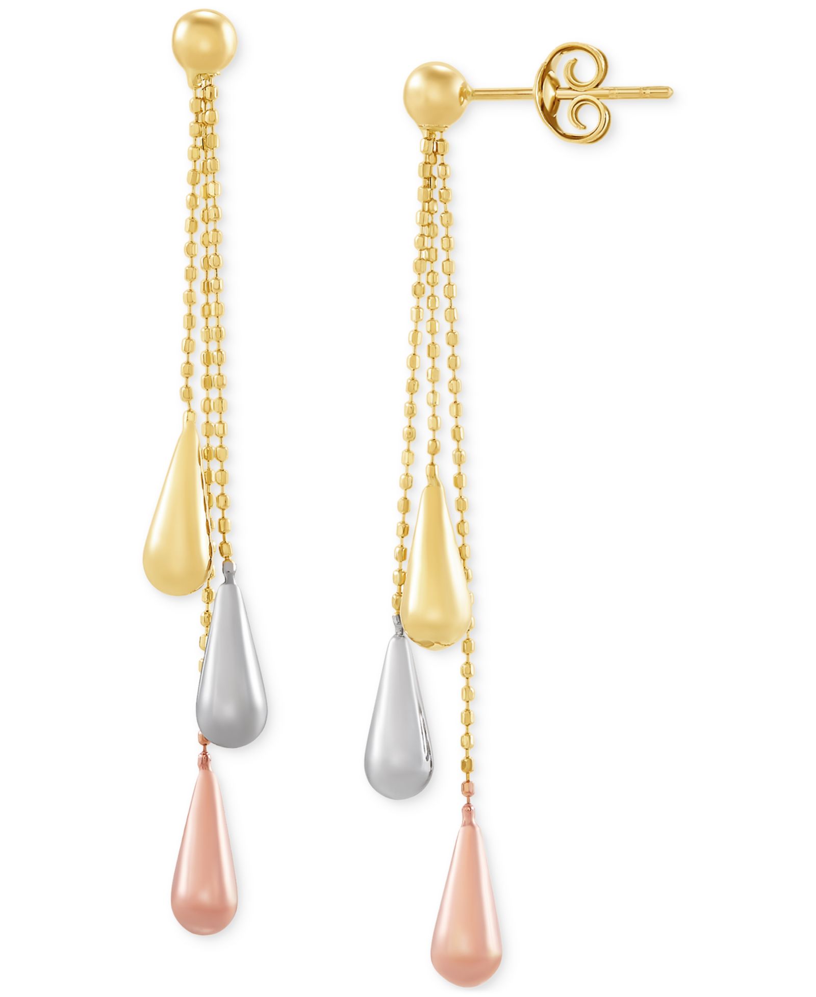Серьги Italian Gold Tri-Gold Linear Drop, 14k Gold, White Gold and Rose Gold, 2 inch