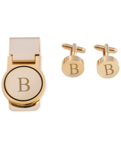 Мужской набор: запонки и зажим для денег Bey-Berk Gold-Tone Monogrammed