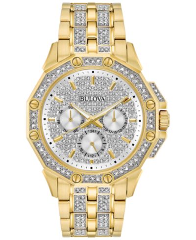 Мужские часы Bulova с кристаллами, золотистая нержавеющая сталь, браслет 43mm