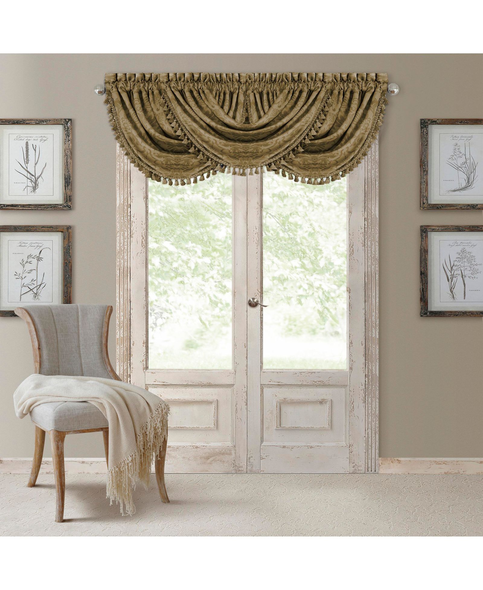 Elrene Home Fashions Antonia Damask Print Waterfall Tassel Window Valance
