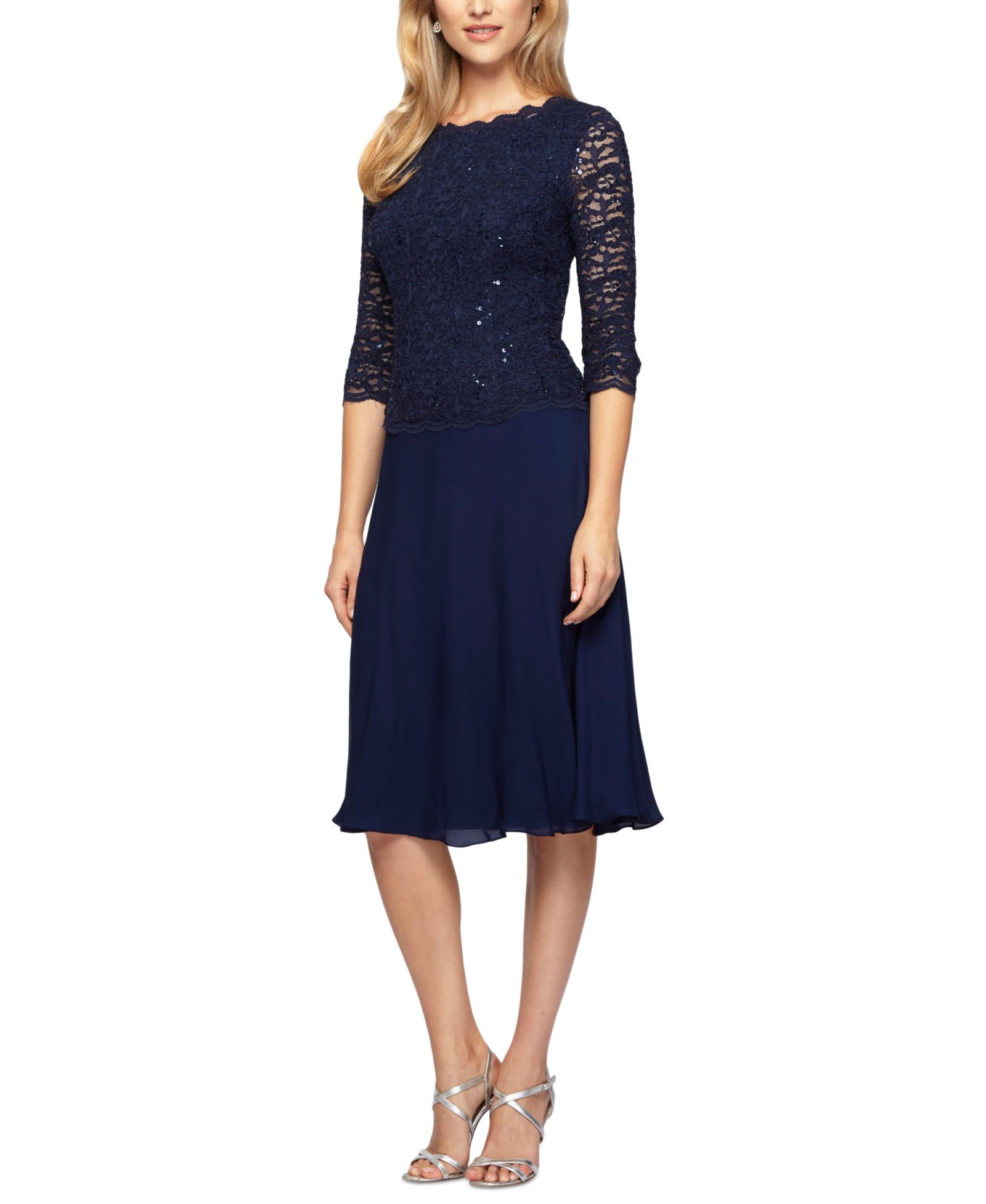 Alex Evenings Petite Cowl-Back Tea-Length Dress