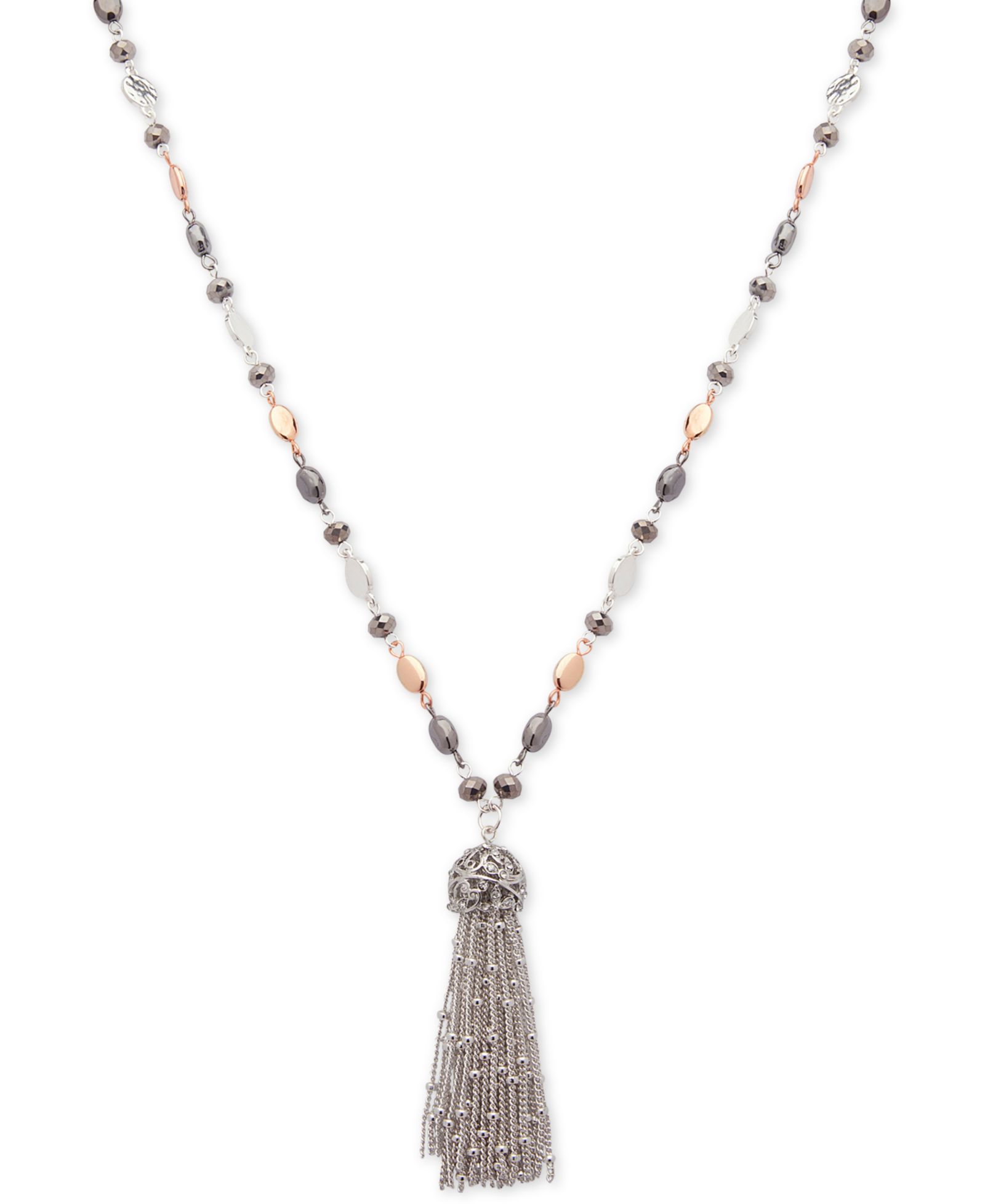 Nine West Tri-Tone Metallic Bead Long Tassel Pendant Necklace