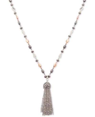 Nine West Tri-Tone Metallic Bead Long Tassel Pendant Necklace