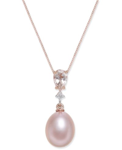 Ожерелье-подвеска Macy's Pink Cultured Freshwater Pearl, Morganite и Diamond в 14k Rose Gold
