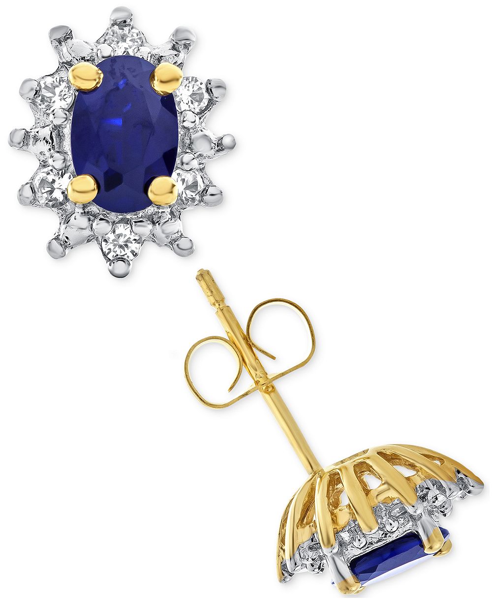 Серьги-гвоздики с лаб-grown Blue Sapphire (1 ct. t.w.) и White Sapphire (1/5 ct. t.w.) в 14k Gold-Plated Sterling Silver